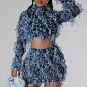 NWT Large Textured Blue 2-Piece Set | Fringe Crop Top & Mini Skirt